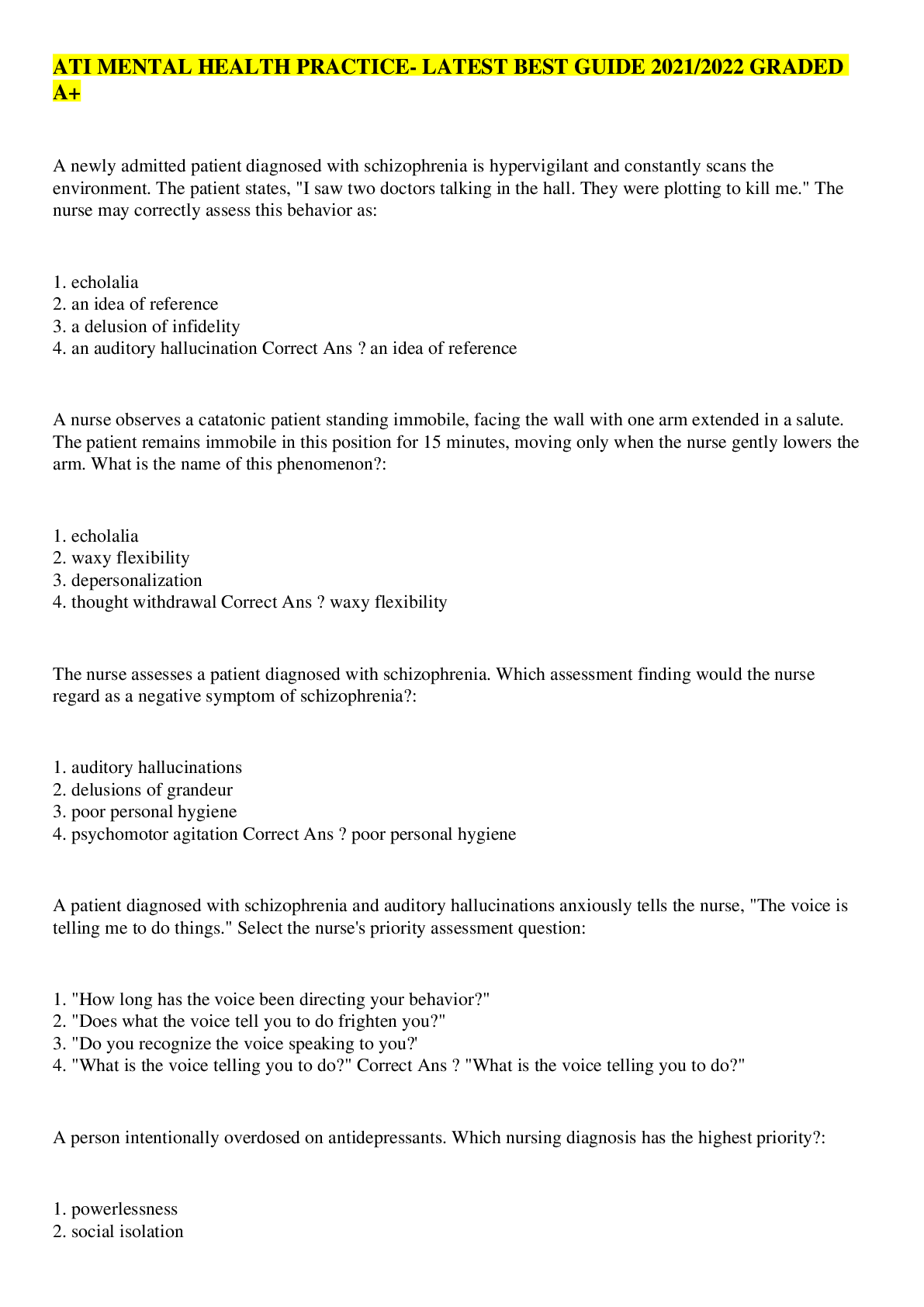 Preview image for ATI MENTAL HEALTH PRACTICE- LATEST BEST GUIDE 2021/2022 (GRADED A+)